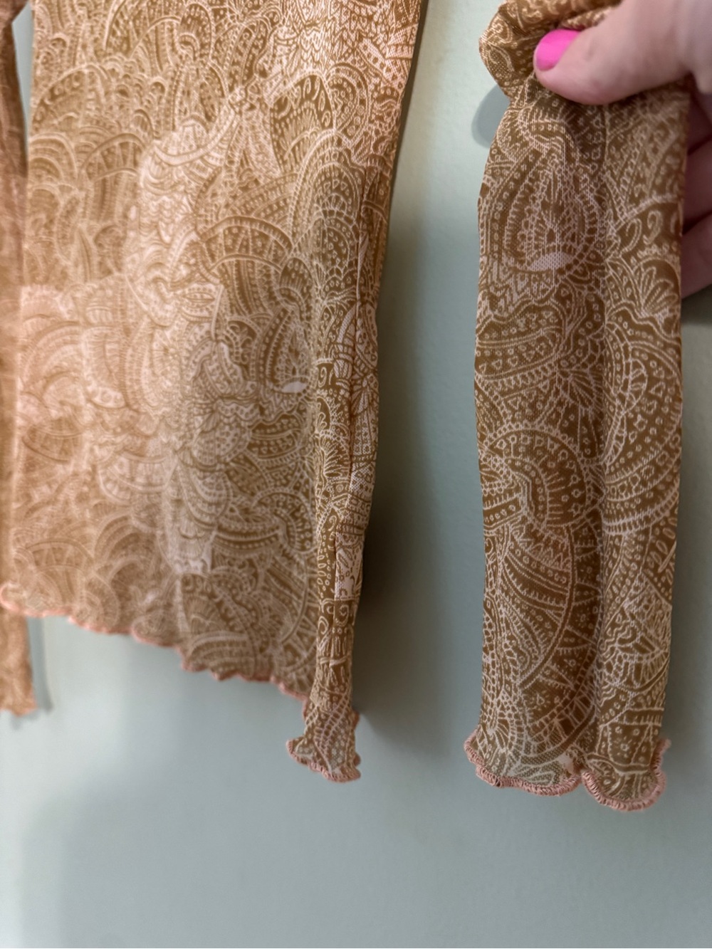 Urban Outfitters Sheer Lace-Pattern Long Sleeve Top in Peach and Tan - Picture 4 of 4
